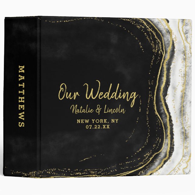 Black White & Gold Geode Agate Wedding Photo Album Binder (Front/Spine)