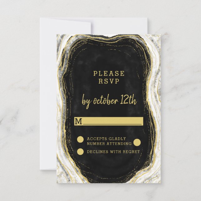 Black White & Gold Geode Agate Wedding RSVP Reply Card (Front)
