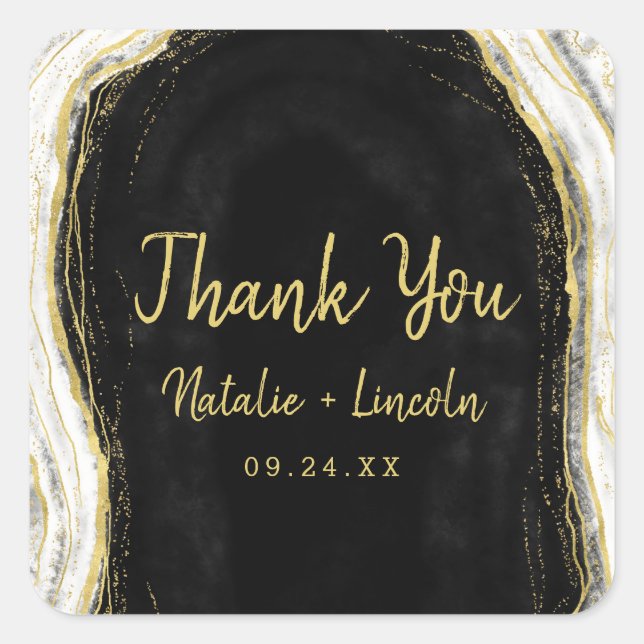 Black White & Gold Geode Agate Wedding Thank You Square Sticker (Front)