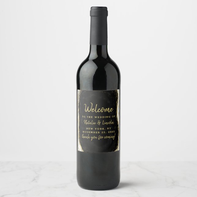 Black White & Gold Geode Agate Wedding Welcome Wine Label (Front)