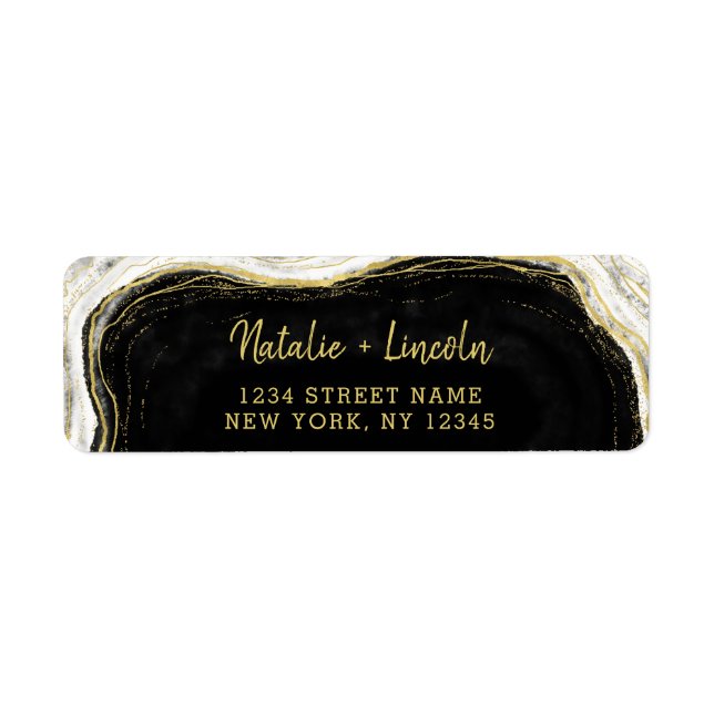 Black White & Gold Geode Mariage Adresse de retour (Devant)