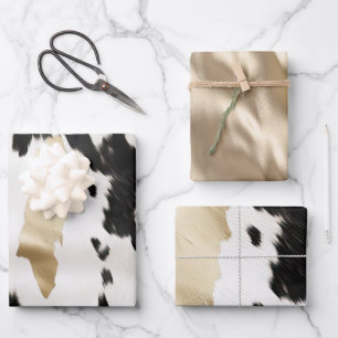 Black White Gold Glam Cowhide Southwest Wedding Wrapping Paper Sheet