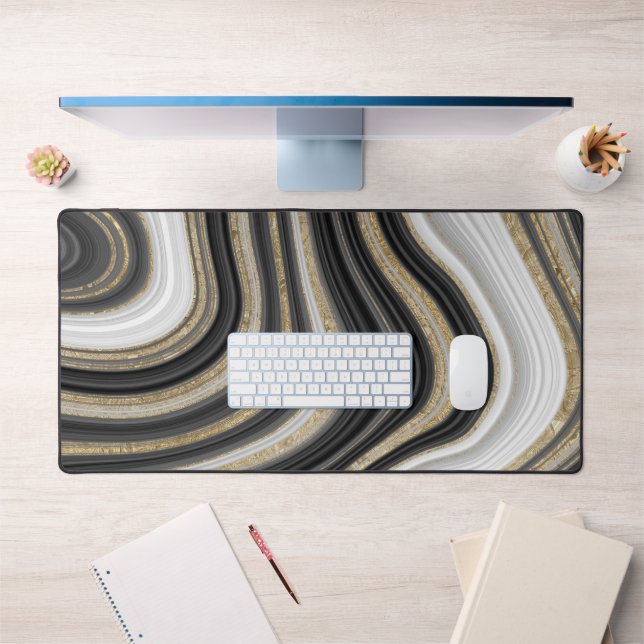 Black White Gold Glitter Abstract Pattern Cool Desk Mat (Office 1)