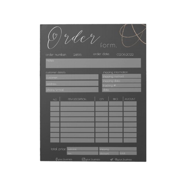 Black & White Gold Glitter Business Order Form Notepad (Rotated)