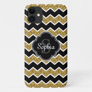 Black White Gold Glitter Chevron Pattern iPhone 11 Case
