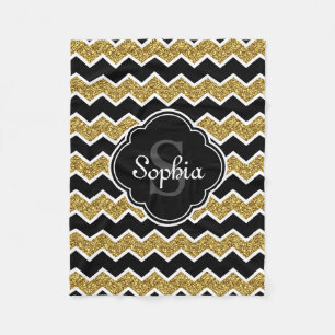 Black White Gold Glitter Chevron Pattern Fleece Blanket
