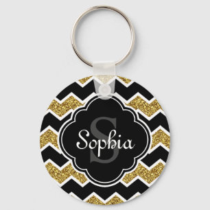 Black White Gold Glitter Chevron Pattern Keychain