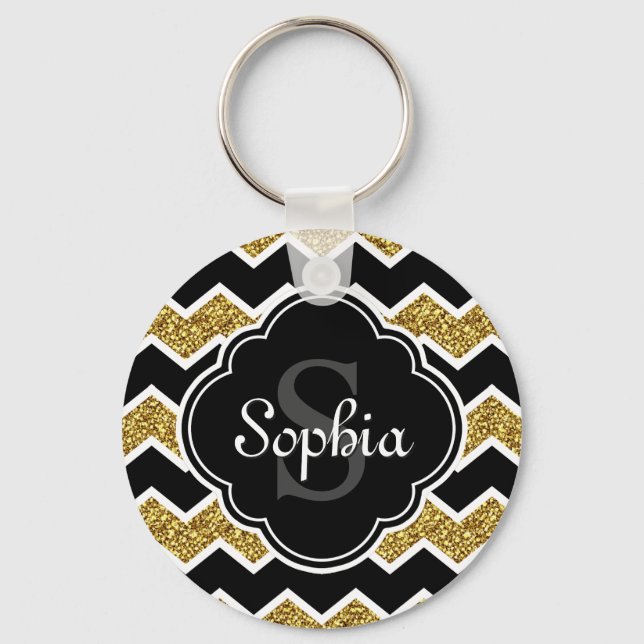 Black White Gold Glitter Chevron Pattern Keychain (Front)