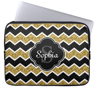 Black White Gold Glitter Chevron Pattern Laptop Sleeve