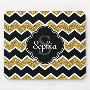 Black White Gold Glitter Chevron Pattern Mouse Pad