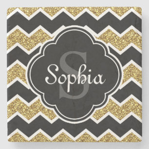 Black White Gold Glitter Chevron Pattern Stone Coaster