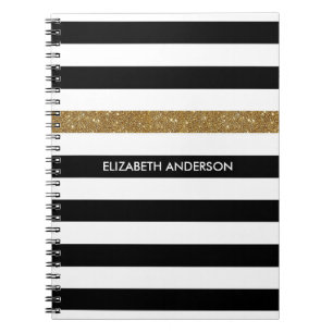 Black White Gold Glitter Stripe Name Notebook