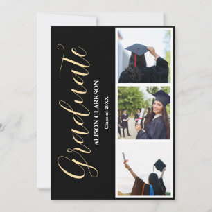 Black & White Gold Graduation 2025 3 Photos Party Invitation