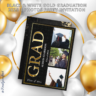 Black & White Gold Graduation 2025 3 Photos Party Invitation