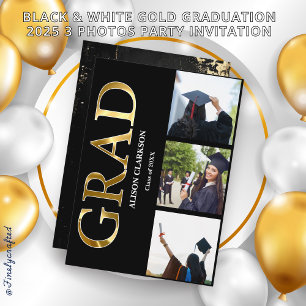 Black & White Gold Graduation 2025 3 Photos Party Invitation