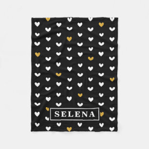 Black White Gold Heart Pattern with Custom Name Fleece Blanket