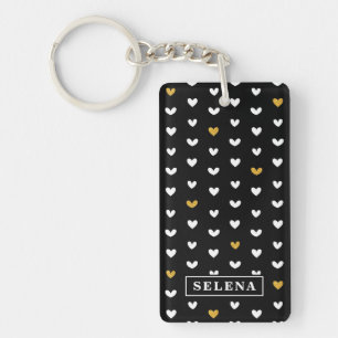 Black White Gold Heart Pattern with Custom Name Keychain