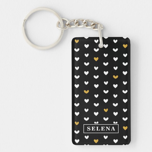 Black White Gold Heart Pattern with Custom Name Keychain (Front)