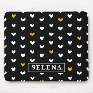 Black White Gold Heart Pattern with Custom Name Mouse Pad