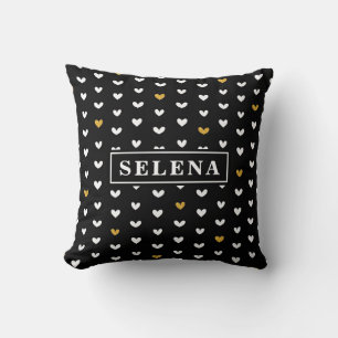 Black White Gold Heart Pattern with Custom Name Throw Pillow