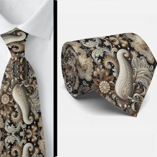 Black White Gold Lace Paisley Diamond Neck Tie