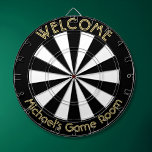 Black White Gold Man Cave Pub Game Night Dorm Room Dartboard<br><div class="desc">Create your own custom, personalized, fun, cool, stylish, black and white colour, faux gold font / typography / script / text, regulation size (18"diameter, 1"h) aluminum frame metal cage dart board. Comes with 6 brass darts (3 American flag dart flights and 3 UK dart flights). You may mount it anywhere...</div>