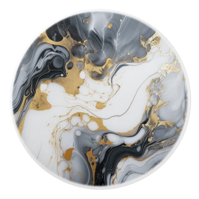 Black White Gold Marble And Alcohol Ink Abstract Ceramic Knob (Front)