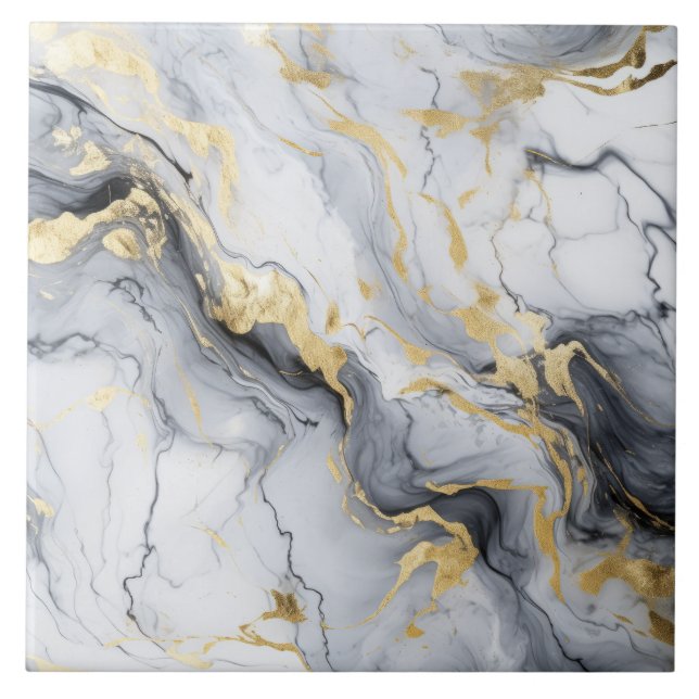 Black White Gold Marble And Alcohol Ink Abstract Tile (Front)