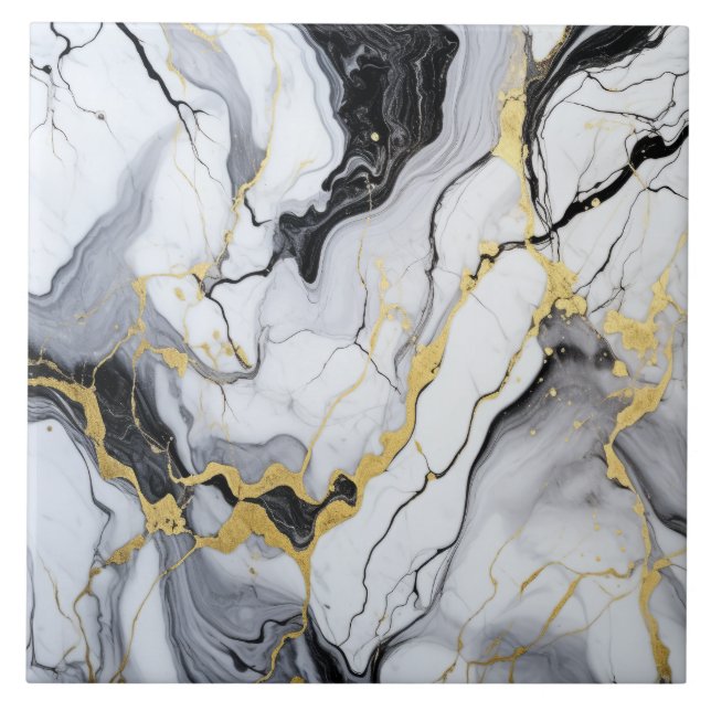 Black White Gold Marble And Alcohol Ink Abstract Tile (Front)