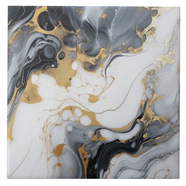 Black White Gold Marble And Alcohol Ink Abstract Tile (Front)