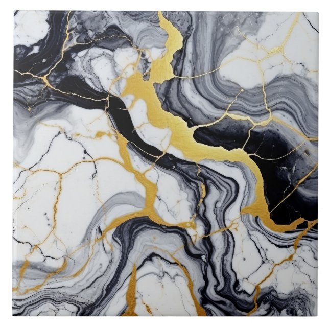 Black White Gold Marble And Alcohol Ink Abstract Tile (Front)