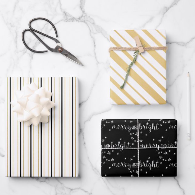 Black White & Gold Merry and Bright Stripes Wrapping Paper Sheet (Front)