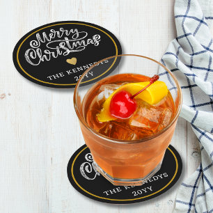 Black White Gold Merry Christmas Round Paper Coaster