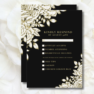 Black White Gold Minimal Modern Chic Floral RSVP Invitation
