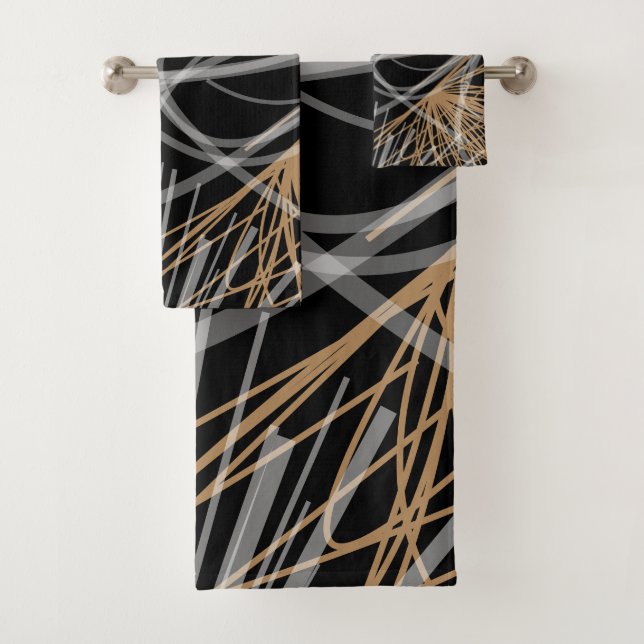 Black White & Gold Modern Abstract Ribbons Bath Towel Set (Insitu)