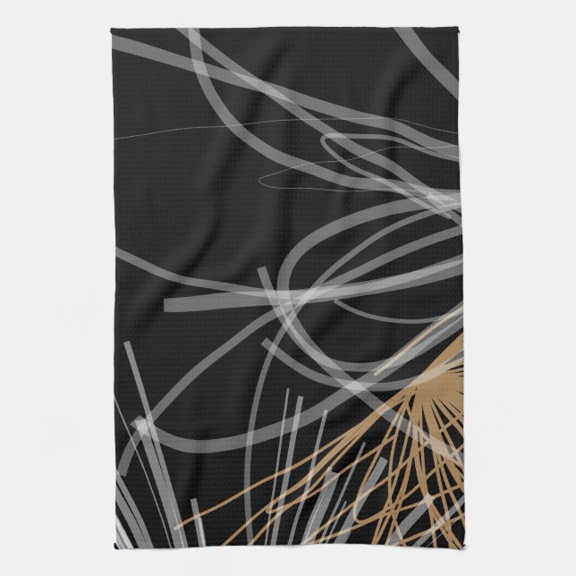 Black White & Gold Modern Abstract Ribbons Kitchen Towel (Vertical)