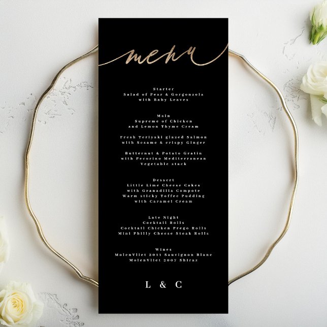 Black White Gold Modern Calligraphy Wedding Menu (Creator Uploaded)