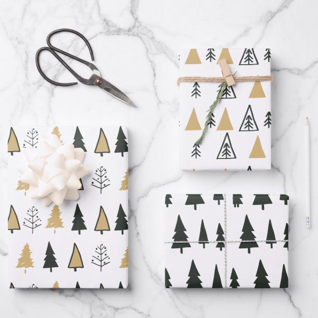 Black white gold modern Christmas tree Wrapping Paper Sheet (Front)