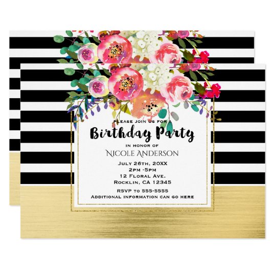 Black White Gold Modern Floral Glam Birthday Party Card