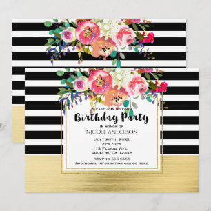 Black White Gold Modern Floral Glam Birthday Party Invitation