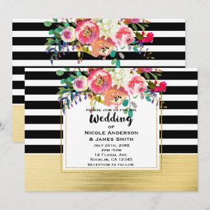Black White Gold Modern Floral Glam Wedding Chic Invitation