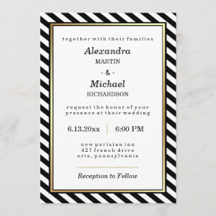 Black White Gold Modern Glam Stripes Wedding Invitation