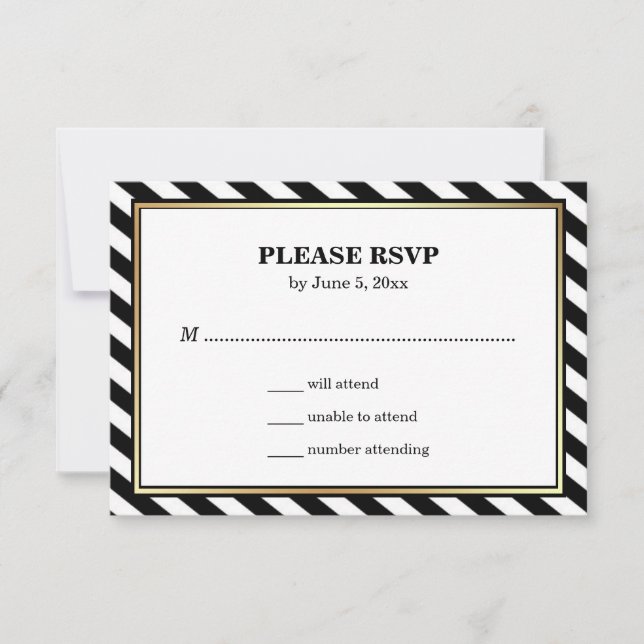 Black White Gold Modern Glam Stripes Wedding RSVP (Front)