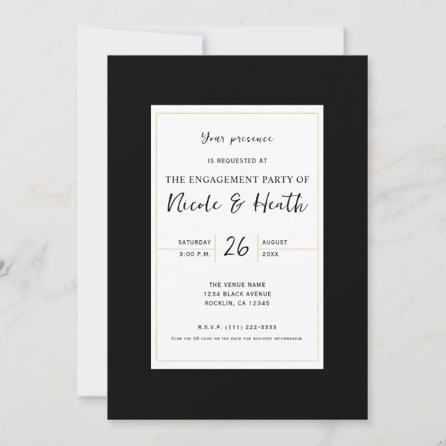 Black White Gold Modern Minimal Elegant Engagement Invitation (Front)