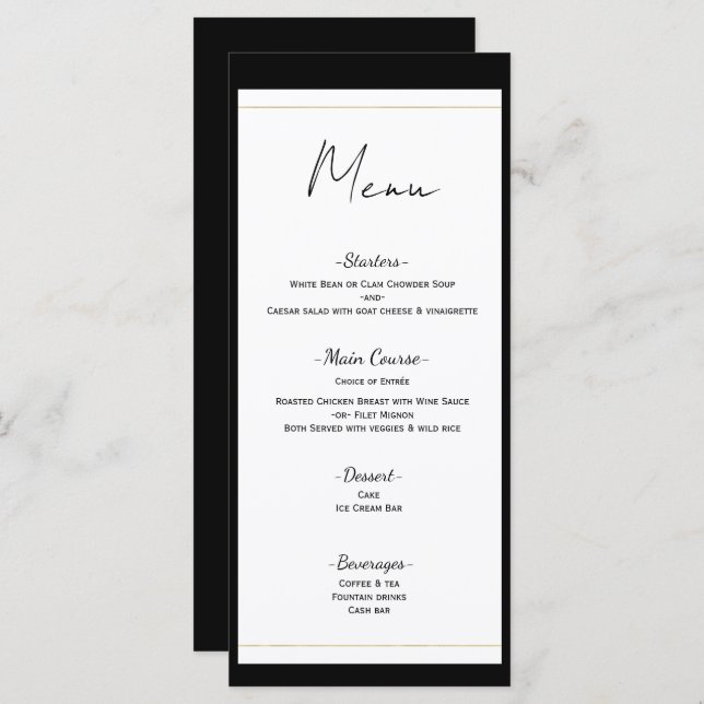 Black White Gold Modern Minimal Menu Mariage (Devant / Derrière)