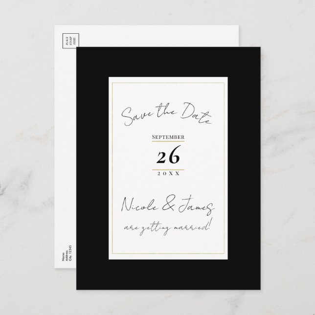 Black White Gold Modern Minimal Save the Date Announcement Postcard (Front/Back)
