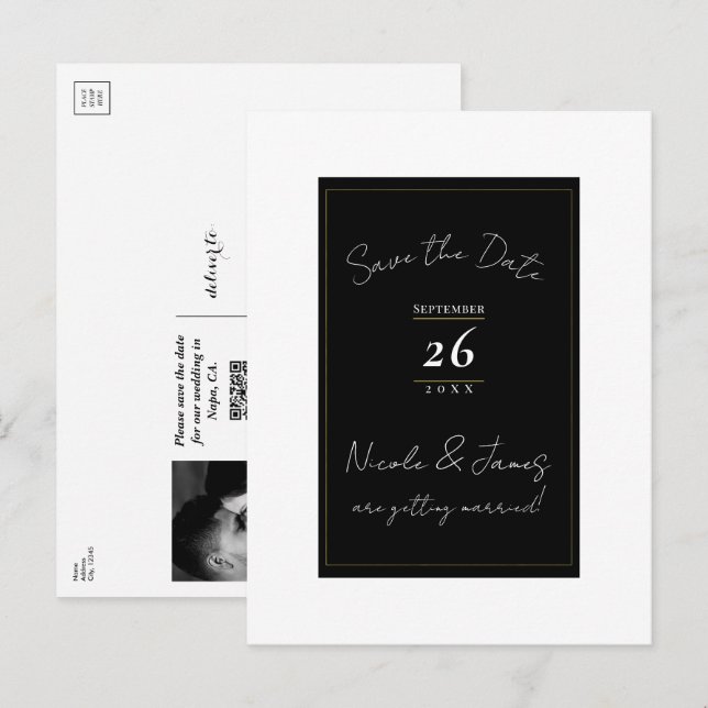 Black White Gold Modern Minimal Save the Date Announcement Postcard (Front/Back)