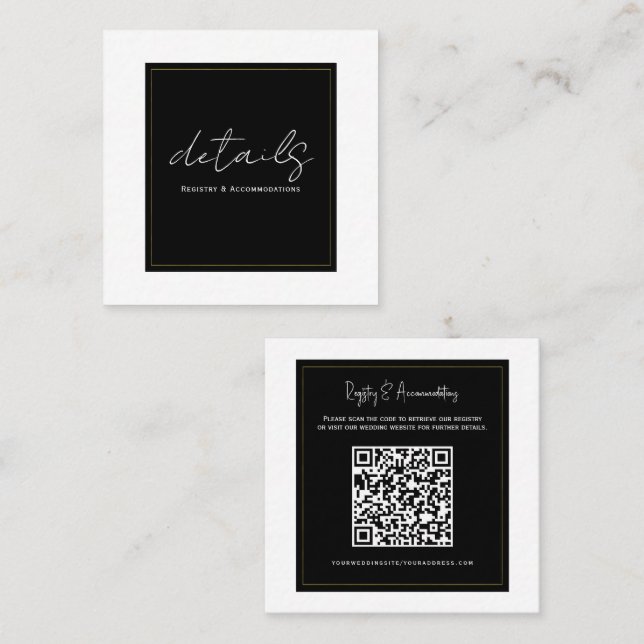 Black White Gold Modern Minimal Wedding Details  Square Business Card (Front/Back)