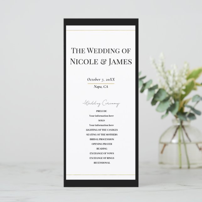 Black White Gold Modern Minimal Wedding Program (Standing Front)
