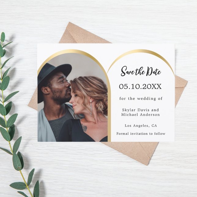 Black white gold modern photo arch wedding save the date (Creator Uploaded)